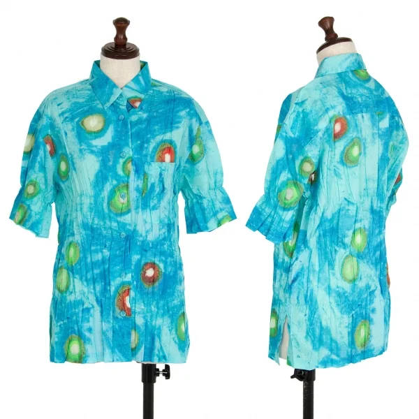 イッセイミヤケ ホワイトレーベルISSEY MIYAKE WHITELABEL 水彩プリントシワプリーツ半袖シャツ 青2 K-109428_001