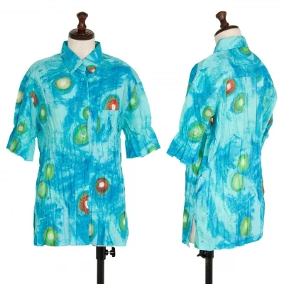 イッセイミヤケ ホワイトレーベルISSEY MIYAKE WHITELABEL 水彩プリントシワプリーツ半袖シャツ 青