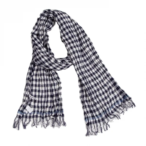 マドモアゼルノンノンMademoiselle NON NON リネンコットンシワ加工ブロックチェックストール 白紺 K-109458_001