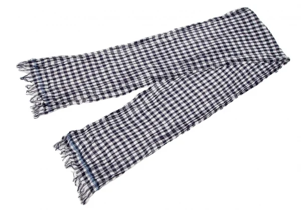 マドモアゼルノンノンMademoiselle NON NON リネンコットンシワ加工ブロックチェックストール 白紺 K-109458_002