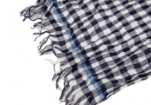 マドモアゼルノンノンMademoiselle NON NON リネンコットンシワ加工ブロックチェックストール 白紺 K-109458_003