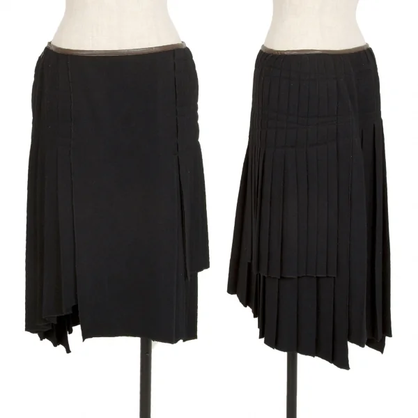 ジャンポールゴルチエ ファムJean Paul GAULTIER FEMME フェイクレザーパイピングジャガードアシンメトリープリーツスカート 黒40 K-109574_001
