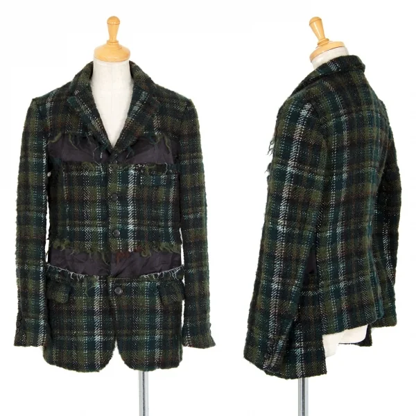 新品!コムコム コムデギャルソンCOMME des GARCONS カットオフ切替チェックツイードジャケット 緑黒S K-109871_001