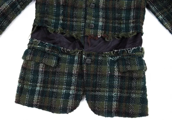 新品!コムコム コムデギャルソンCOMME des GARCONS カットオフ切替チェックツイードジャケット 緑黒S K-109871_011