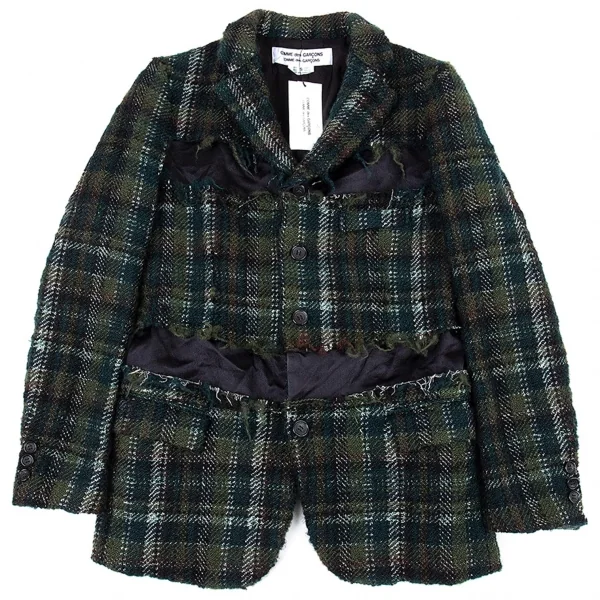 新品!コムコム コムデギャルソンCOMME des GARCONS カットオフ切替チェックツイードジャケット 緑黒S K-109871_002