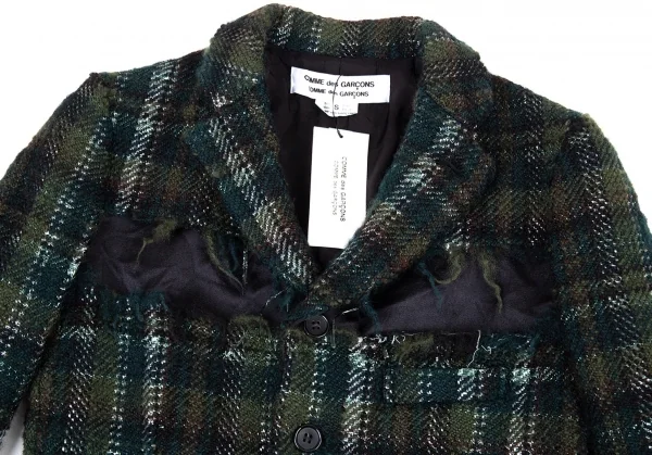 新品!コムコム コムデギャルソンCOMME des GARCONS カットオフ切替チェックツイードジャケット 緑黒S K-109871_003