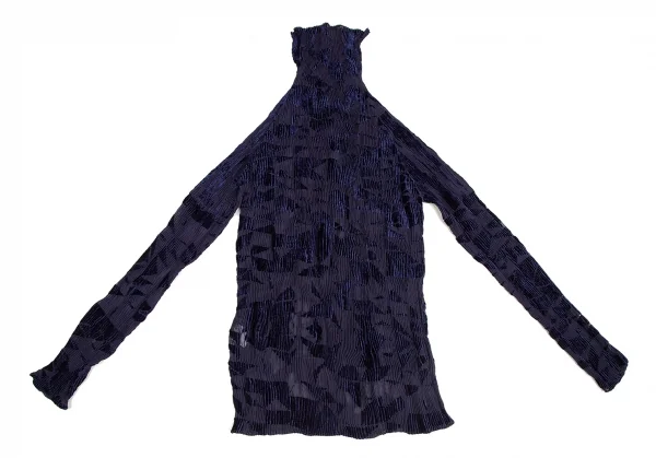 イッセイミヤケISSEY MIYAKE 幾何学フロッキープリントハイネックシースループリーツカットソー 紺2 K-109923_010