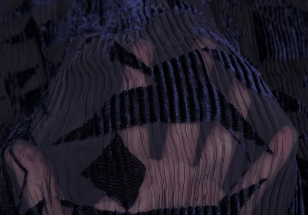 イッセイミヤケISSEY MIYAKE 幾何学フロッキープリントハイネックシースループリーツカットソー 紺2 K-109923_012