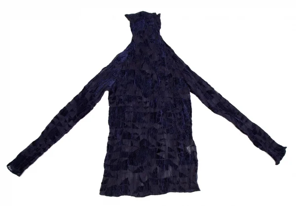 イッセイミヤケISSEY MIYAKE 幾何学フロッキープリントハイネックシースループリーツカットソー 紺2 K-109923_002