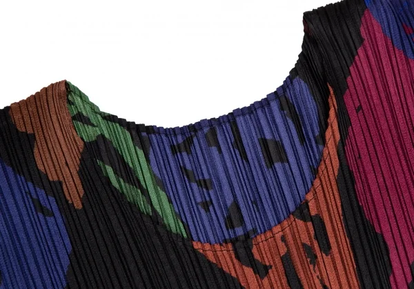 プリーツプリーズPLEATS PLEASE ボタンレスカラフルフリンジカットソー 黒マルチ3 K-109960_004