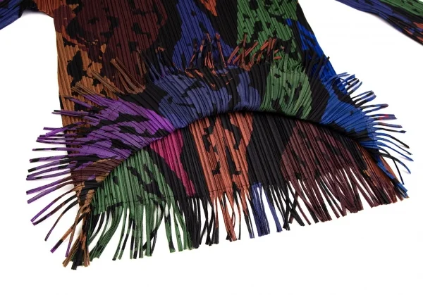 プリーツプリーズPLEATS PLEASE ボタンレスカラフルフリンジカットソー 黒マルチ3 K-109960_008