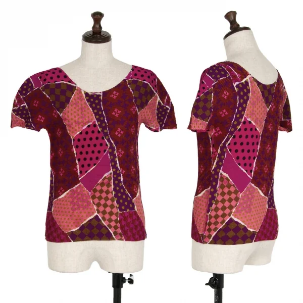 イッセイミヤケ ミーISSEY MIYAKE me マルチパターンプリントボックスプリーツTシャツ ピンク他F K-109971_001