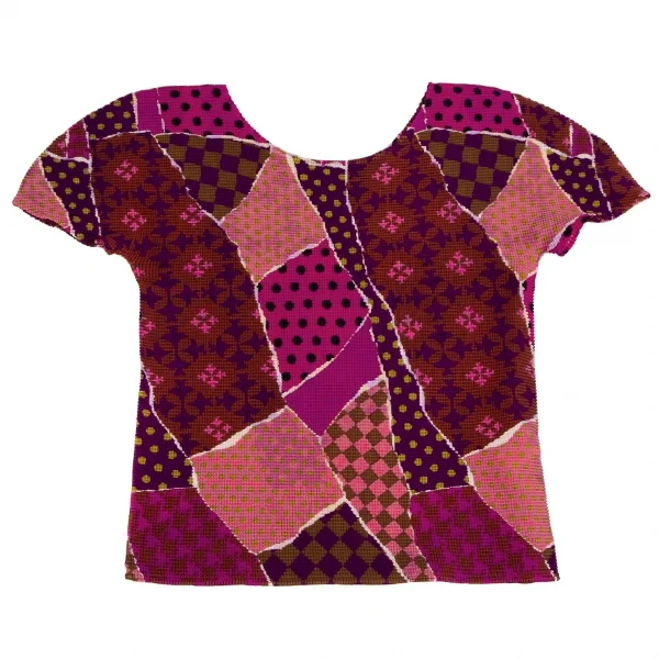イッセイミヤケ ミーISSEY MIYAKE me マルチパターンプリントボックスプリーツTシャツ ピンク他F K-109971_002