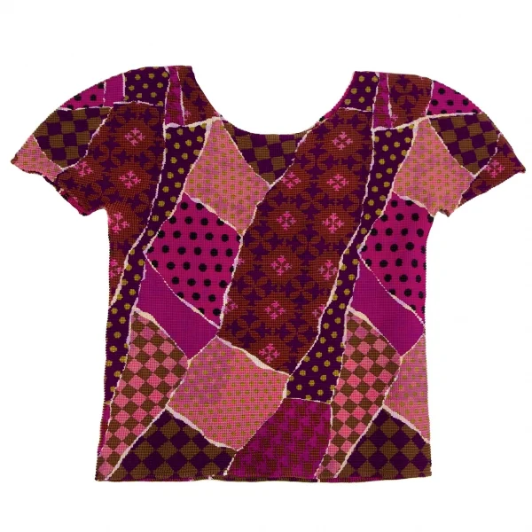 イッセイミヤケ ミーISSEY MIYAKE me マルチパターンプリントボックスプリーツTシャツ ピンク他F K-109971_008