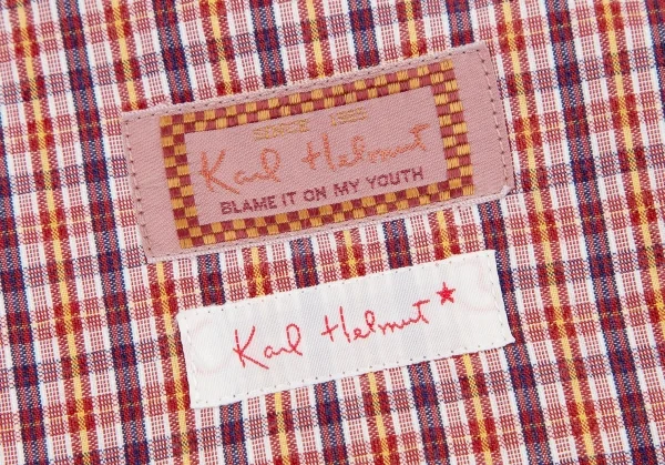 カールヘルムKarl Helmut パッチ貼り付けシアサッカーチェック半袖開襟シャツ ワイン黄紺L K-109978_006