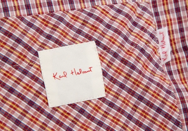 カールヘルムKarl Helmut パッチ貼り付けシアサッカーチェック半袖開襟シャツ ワイン黄紺L K-109978_008