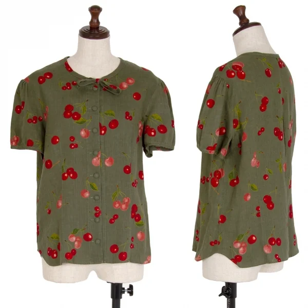 マドモアゼルノンノンMademoiselle NON NON リネンチェリープリントネックリボン半袖ブラウス 緑40L K-110133_001