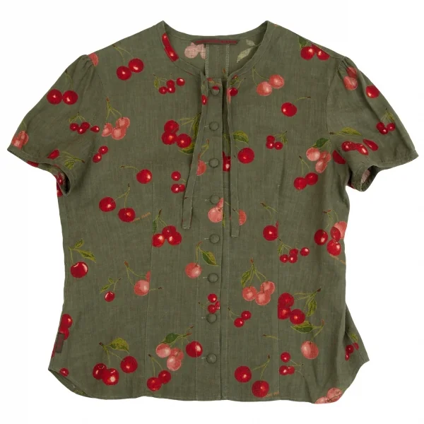 マドモアゼルノンノンMademoiselle NON NON リネンチェリープリントネックリボン半袖ブラウス 緑40L K-110133_002