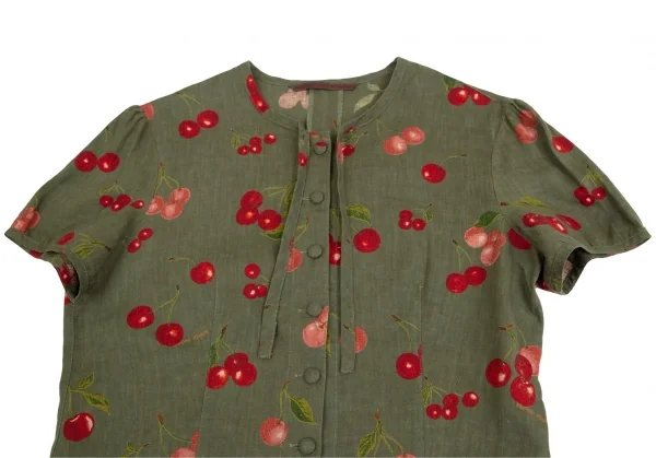 マドモアゼルノンノンMademoiselle NON NON リネンチェリープリントネックリボン半袖ブラウス 緑40L K-110133_003