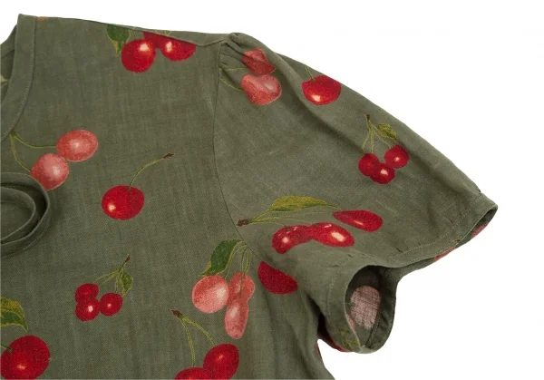 マドモアゼルノンノンMademoiselle NON NON リネンチェリープリントネックリボン半袖ブラウス 緑40L K-110133_006