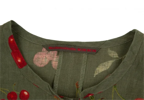 マドモアゼルノンノンMademoiselle NON NON リネンチェリープリントネックリボン半袖ブラウス 緑40L K-110133_007