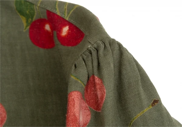 マドモアゼルノンノンMademoiselle NON NON リネンチェリープリントネックリボン半袖ブラウス 緑40L K-110133_008