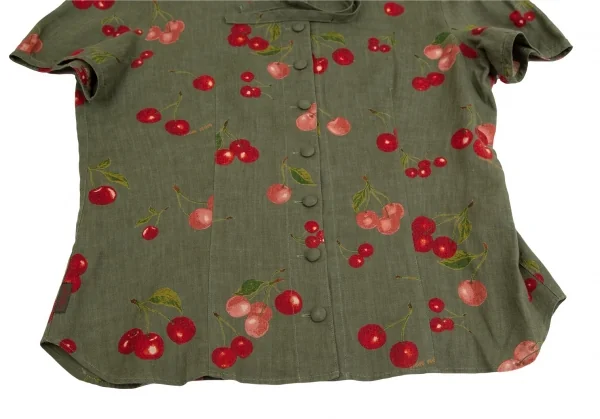 マドモアゼルノンノンMademoiselle NON NON リネンチェリープリントネックリボン半袖ブラウス 緑40L K-110133_009