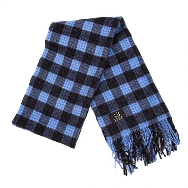 ダンヒルdunhill カシミヤオーバーチェックフリンジマフラー 青黒 K-110196_001