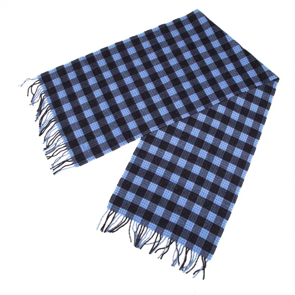 ダンヒルdunhill カシミヤオーバーチェックフリンジマフラー 青黒 K-110196_002