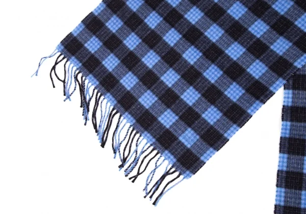 ダンヒルdunhill カシミヤオーバーチェックフリンジマフラー 青黒 K-110196_003
