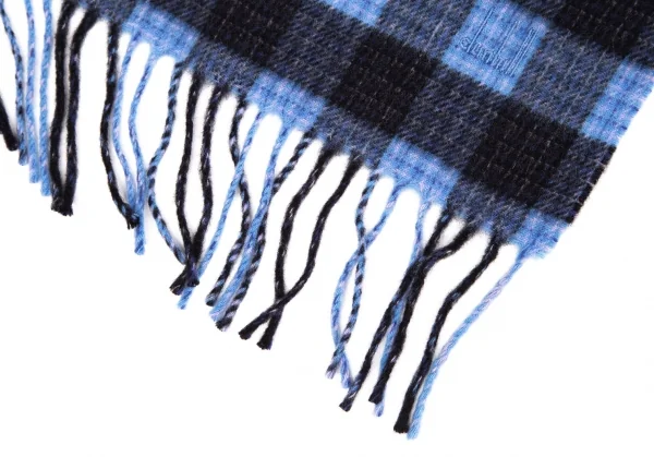 ダンヒルdunhill カシミヤオーバーチェックフリンジマフラー 青黒 K-110196_005