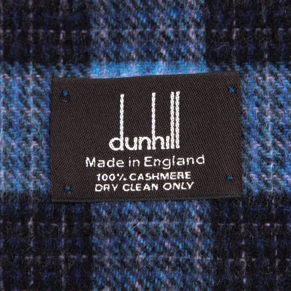 ダンヒルdunhill カシミヤオーバーチェックフリンジマフラー 青黒 K-110196_007