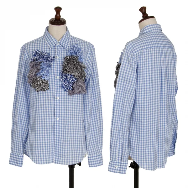 コムデギャルソンCOMME des GARCONS ギャザーフリル装飾ギンガムチェックシャツ 白水色S位 K-110219_001