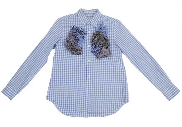 コムデギャルソンCOMME des GARCONS ギャザーフリル装飾ギンガムチェックシャツ 白水色S位 K-110219_002