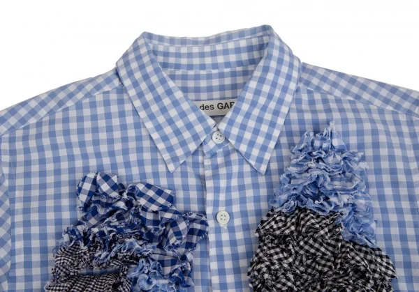 コムデギャルソンCOMME des GARCONS ギャザーフリル装飾ギンガムチェックシャツ 白水色S位 K-110219_005