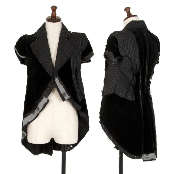 コムデギャルソンCOMME des GARCONS ベロアインサイドアウト切替ストライプ半袖ジャケット 黒XS K-110223_001