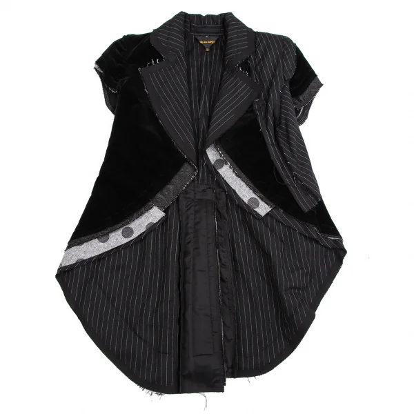 コムデギャルソンCOMME des GARCONS ベロアインサイドアウト切替ストライプ半袖ジャケット 黒XS K-110223_002