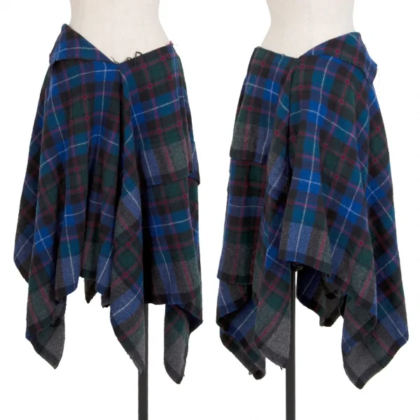 コムデギャルソンCOMME des GARCONS ウール縮絨チェックスクエアシルエットスカート 青M位 K-110245_001