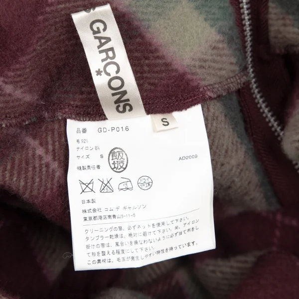 コムデギャルソンCOMME des GARCONS 起毛ウールチェックスカートドッキングパンツ ボルドーベージュS K-110246_016