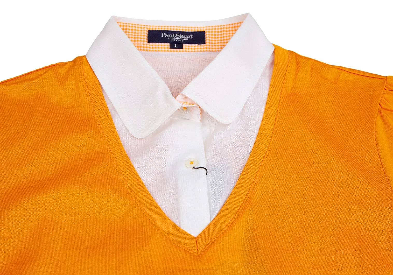 新品！ポールスチュアート スポーツPaul Stuart SPORT シャツ切替Vネック半袖トップス オレンジ白L 【レディース】 新品!ポールスチュアート スポーツPaul Stuart SPORT シャツ切替