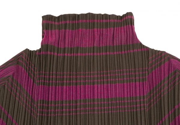 プリーツプリーズPLEATS PLEASE ポリコットンプリーツマルチボーダーハイネック半袖チュニック カーキ紫4 K-110426_011