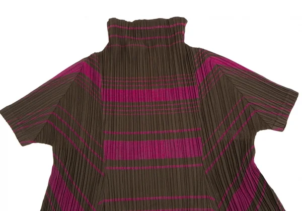 プリーツプリーズPLEATS PLEASE ポリコットンプリーツマルチボーダーハイネック半袖チュニック カーキ紫4 K-110426_003