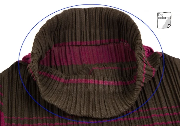 プリーツプリーズPLEATS PLEASE ポリコットンプリーツマルチボーダーハイネック半袖チュニック カーキ紫4 K-110426_004