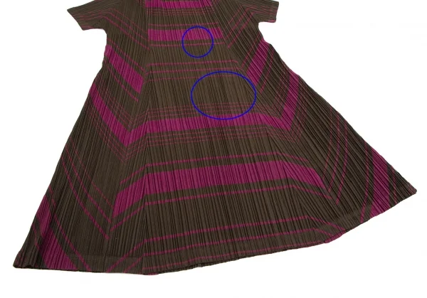 プリーツプリーズPLEATS PLEASE ポリコットンプリーツマルチボーダーハイネック半袖チュニック カーキ紫4 K-110426_006
