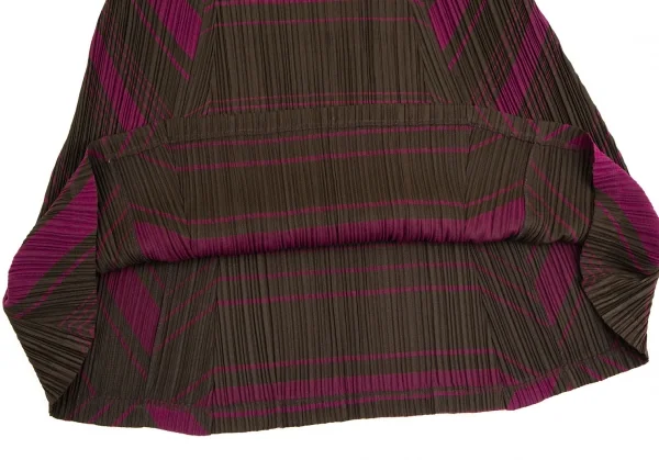プリーツプリーズPLEATS PLEASE ポリコットンプリーツマルチボーダーハイネック半袖チュニック カーキ紫4 K-110426_009