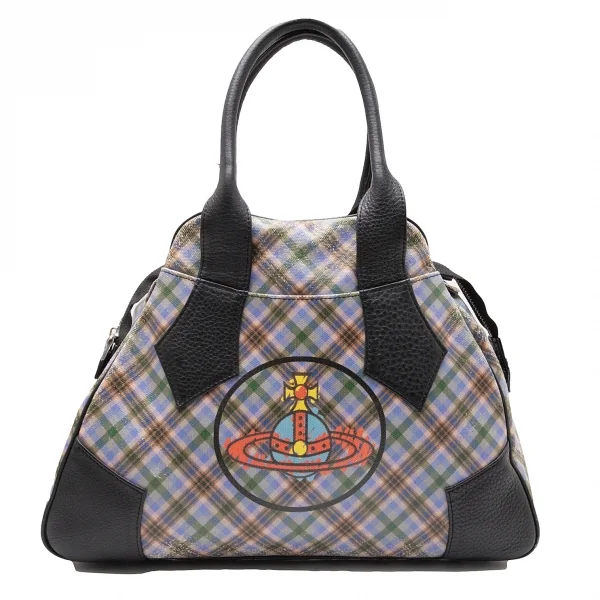 ヴィヴィアンウエストウッドVivienne Westwood コーティングキャンバスチェックオーブプリントハンドバッグ マルチ K-110438_001