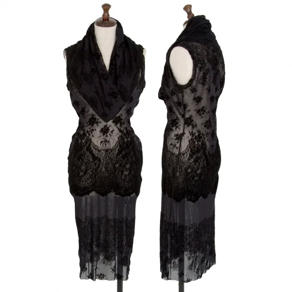 ジャンポールゴルチエ ファムJean Paul GAULTIER FEMME フロッキープリントドレープネックノースリーブワンピース 黒40 K-110521_001