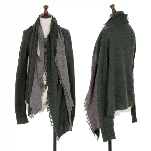 センソユニコ イオコムイオ SENSOUNICO io comme io アルパカフリンジバイカラーボタンレスニットカーディガン モスグリーングレー38 K-110767_001