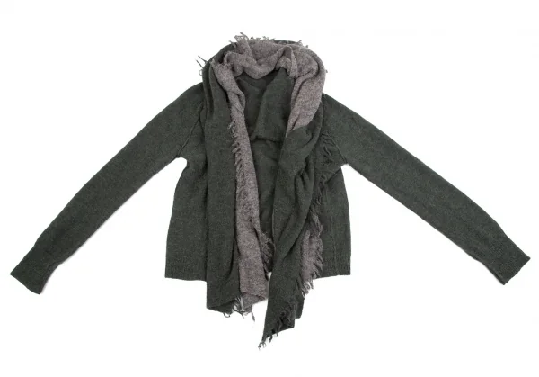 センソユニコ イオコムイオ SENSOUNICO io comme io アルパカフリンジバイカラーボタンレスニットカーディガン モスグリーングレー38 K-110767_002