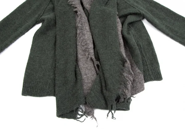 センソユニコ イオコムイオ SENSOUNICO io comme io アルパカフリンジバイカラーボタンレスニットカーディガン モスグリーングレー38 K-110767_008